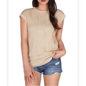 Women's Size M Ribbed Textured Top Beige Mock Neck Sleeveless Top